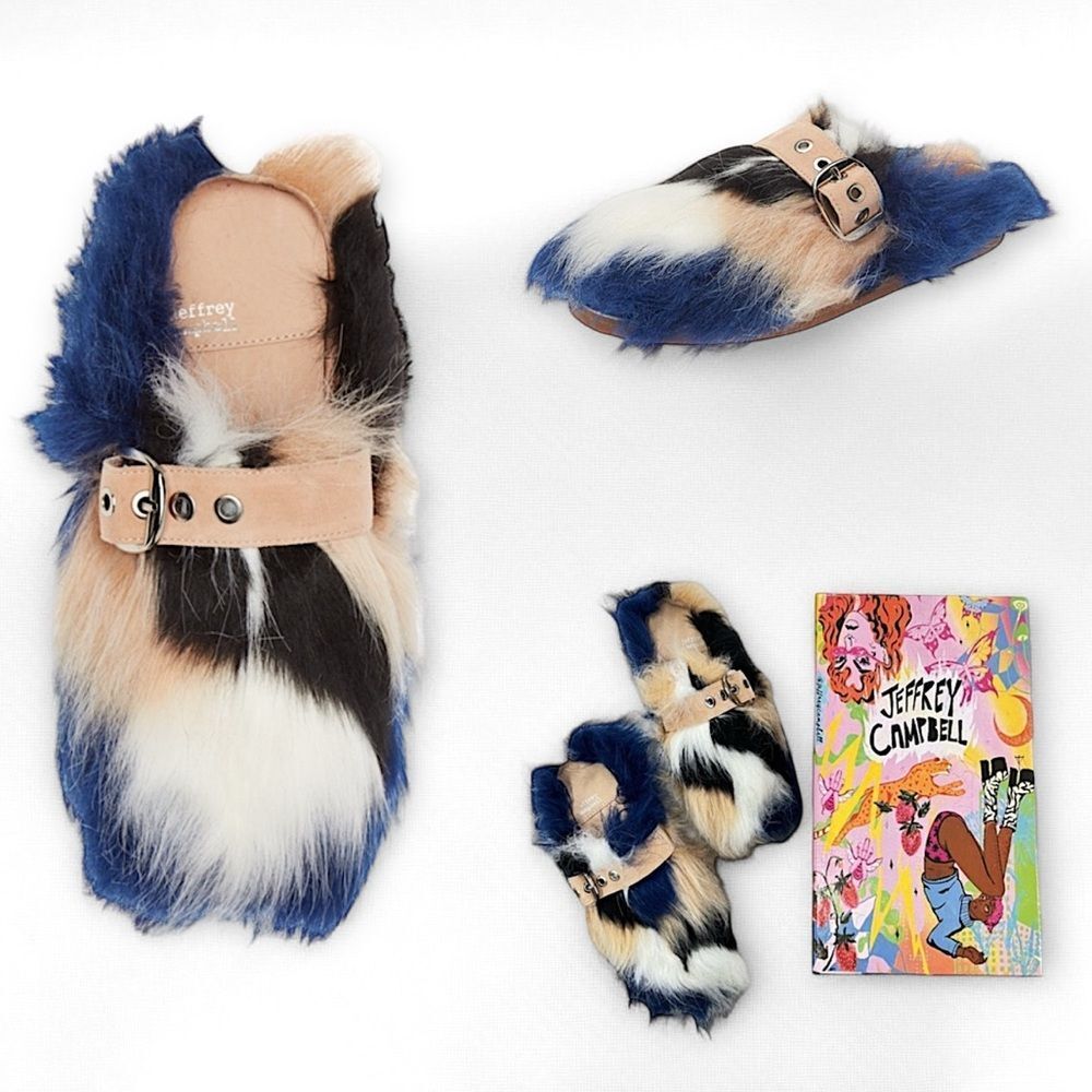 Jeffrey Campbell Rlxathome Faux Fur Mule Slide Slipper in Beige Blue Combo